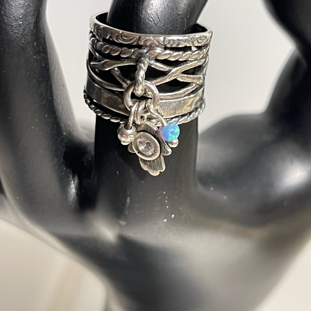 Sterling Silver Stackable Charm Ring with Blue Opal Accent
